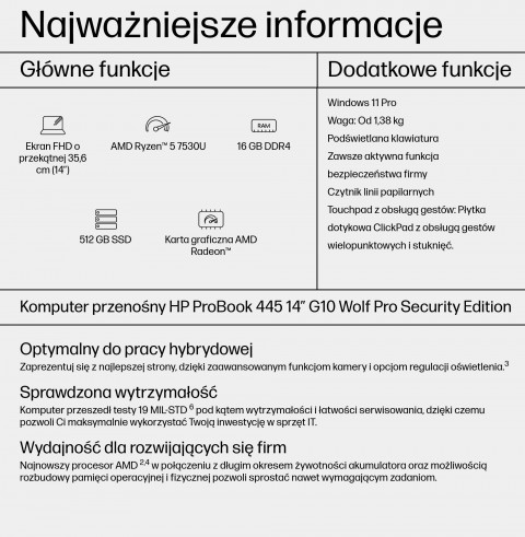 HP ProBook 445 G10 Ryzen5 7530U 14''FHD AG IPS 16GB SSD512 Radeon RX Vega 7 BLK 51Wh W11Pro 3Y OnSite - Galeria zdjęcie 12