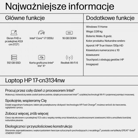 HP 17-cn3134nw i7-1355U 17,3"FHD AG IPS 250 nits 16GB DDR4 SSD512 IrisXe Cam Win11 2Y Natural Silver - Galeria zdjęcie 18